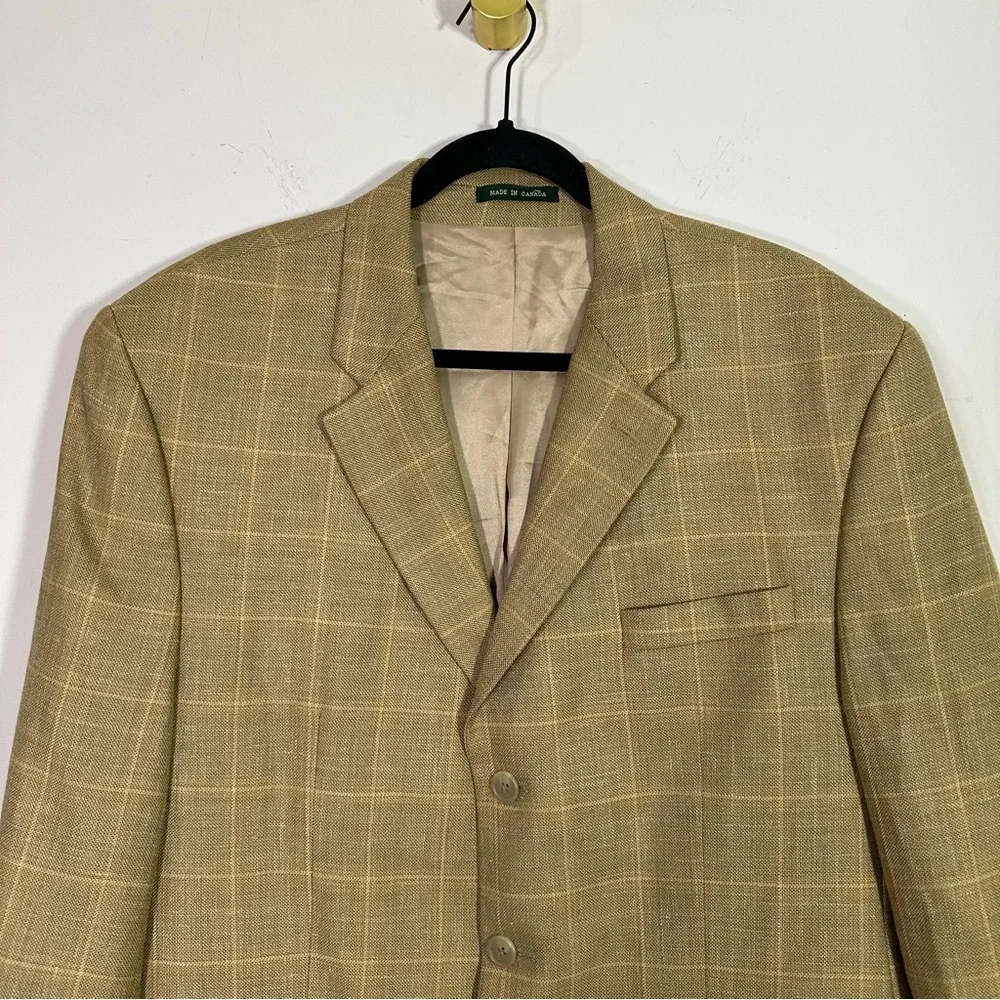 Lauren Ralph Lauren Wool Silk Linen Blend Tan Brown Plaid Blazer Jacket